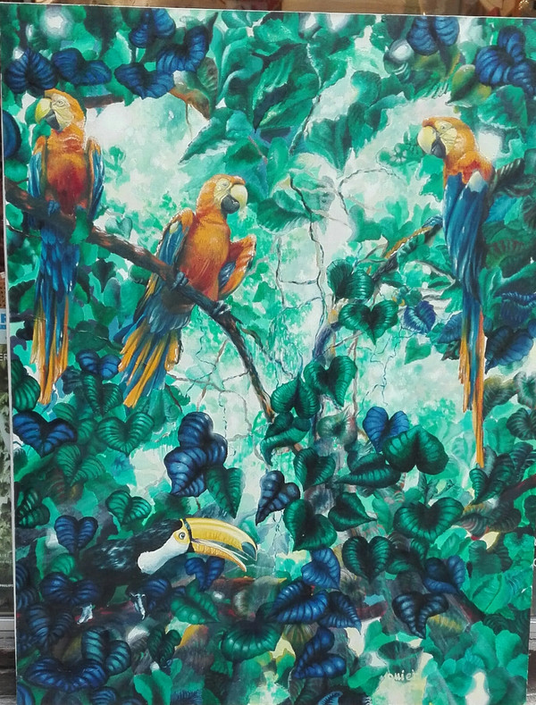 Perroquets grand tableau huile sur toile signature illisible (sans cadre)