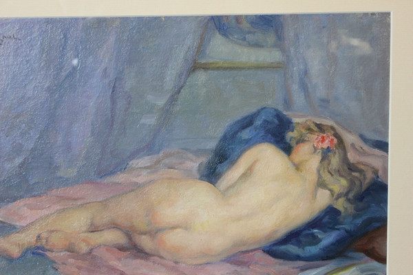 Olio su cartone Nudo con cuscino blu di Humbert Vignot