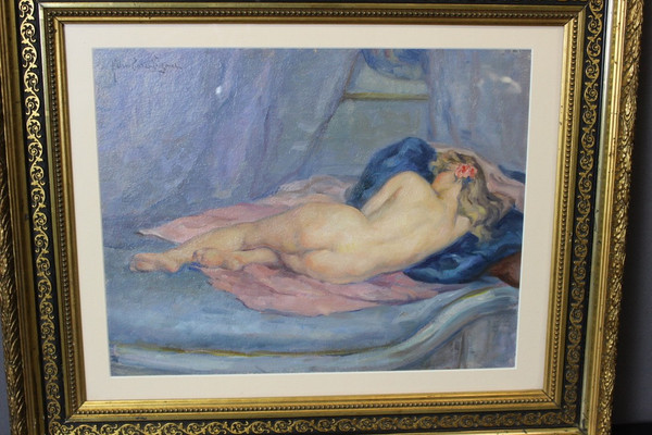 Olio su cartone Nudo con cuscino blu di Humbert Vignot