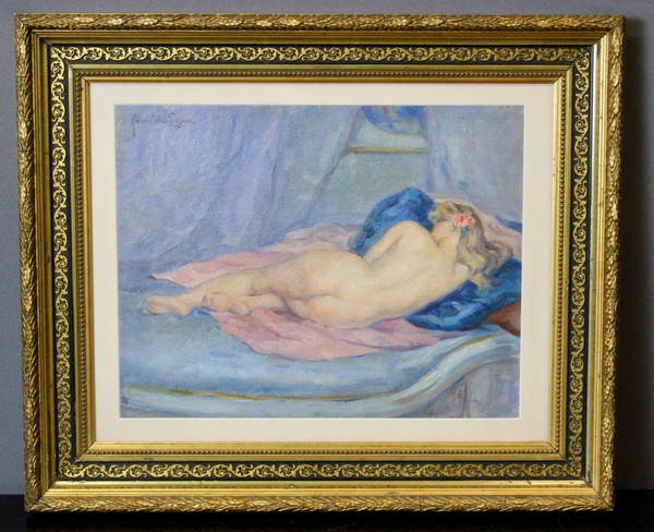 Olio su cartone Nudo con cuscino blu di Humbert Vignot