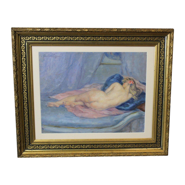 Olio su cartone Nudo con cuscino blu di Humbert Vignot