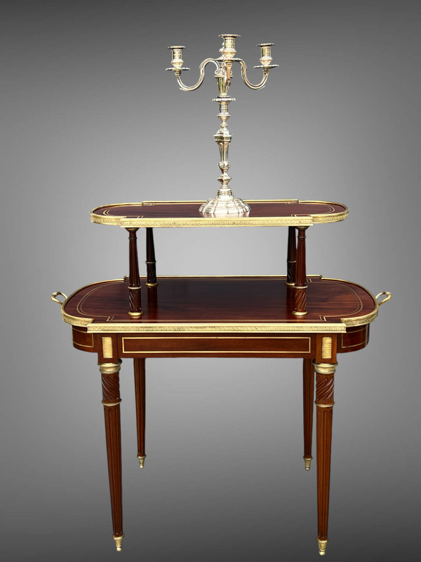 DESSERTE /TABLE A THEEE DES 19. JAHRHUNDERT IM STIL LOUIS XVI AUS ACAJOU, VERGOLDET MIT GOLDBRONZE