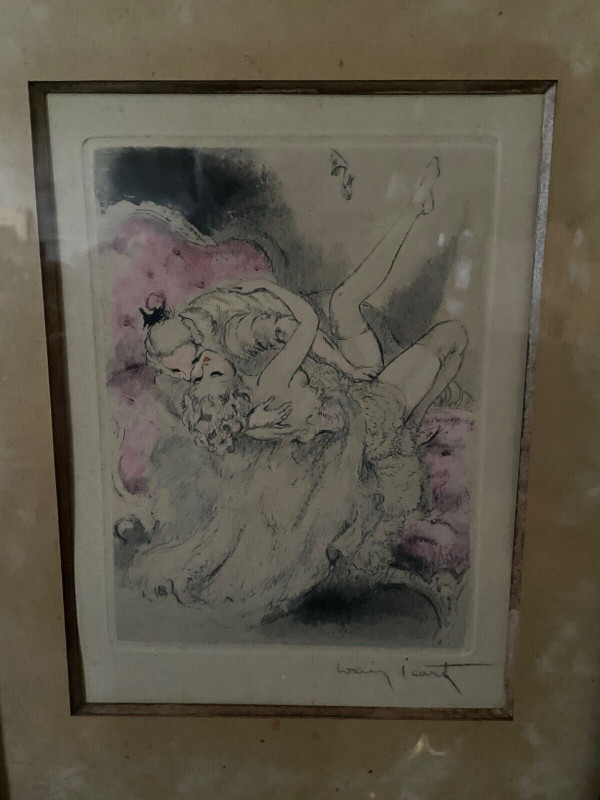 Lithografie von Louis Icart mit der Darstellung eines erotischen Paares XX.