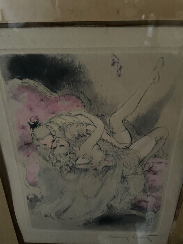 Lithografie von Louis Icart mit der Darstellung eines erotischen Paares XX.