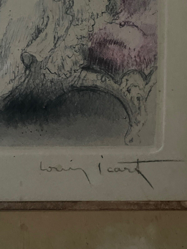 Lithografie von Louis Icart mit der Darstellung eines erotischen Paares XX.