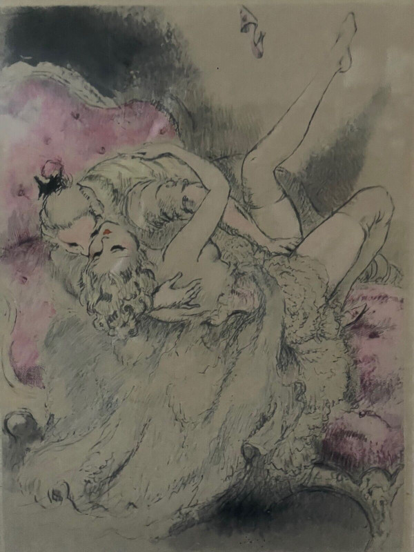 Lithografie von Louis Icart mit der Darstellung eines erotischen Paares XX.
