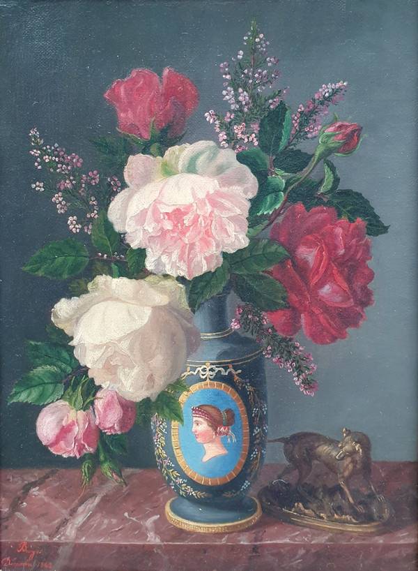 Marc BRUYAS - Bouquet of roses with a sculpture