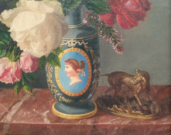 Marc BRUYAS - Bouquet of roses with a sculpture