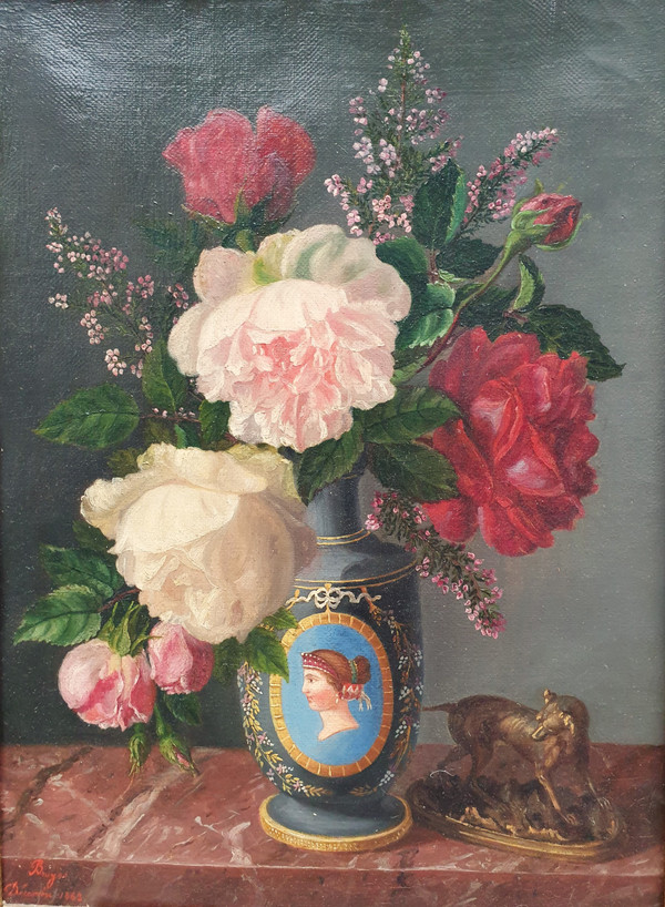 Marc BRUYAS - Bouquet of roses with a sculpture