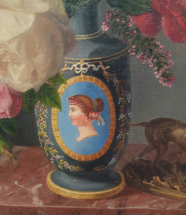Marc BRUYAS - Bouquet of roses with a sculpture