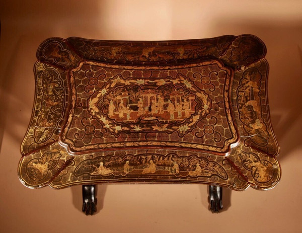 An original lacquered sewing/working table, still with the original Chinese gold paint.