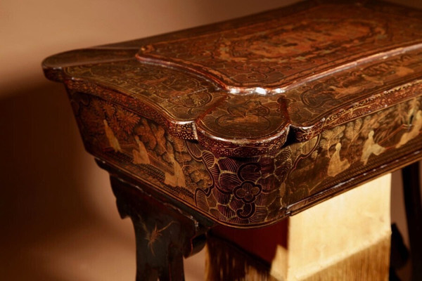 An original lacquered sewing/working table, still with the original Chinese gold paint.