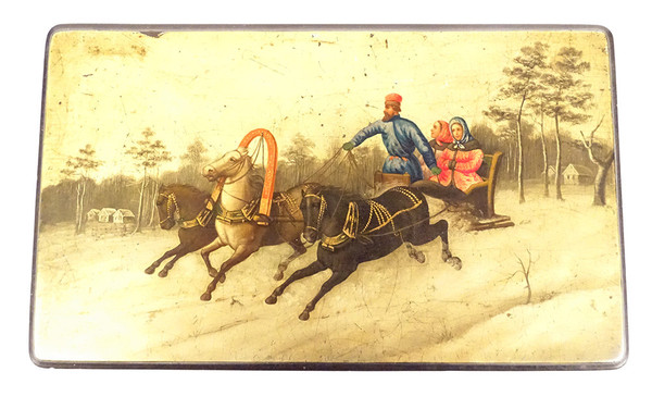Boîte à Thé Russe Laquée Lukutin Cavaliers Attelage Troika Paysage XIXème