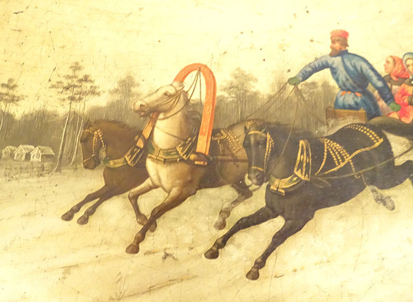 Boîte à Thé Russe Laquée Lukutin Cavaliers Attelage Troika Paysage XIXème