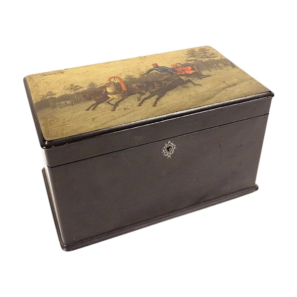 Boîte à Thé Russe Laquée Lukutin Cavaliers Attelage Troika Paysage XIXème