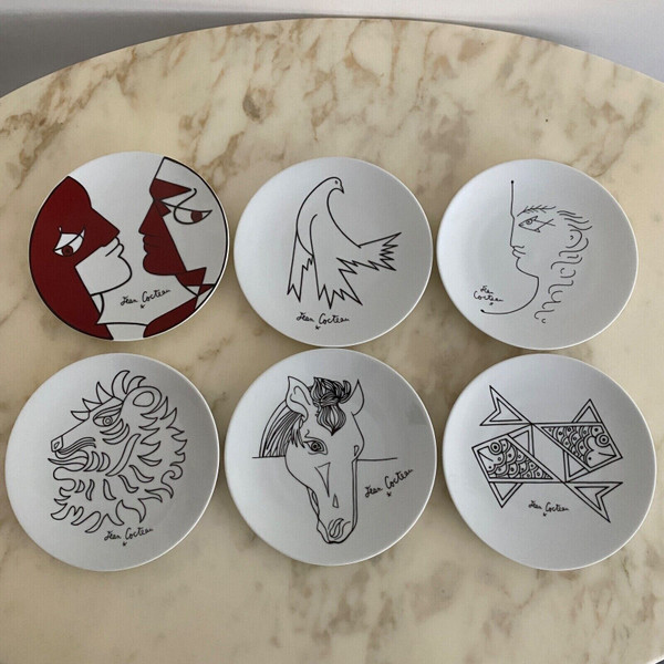 Suite of 6 plates with drawings by Jean Cocteau 20th century porcelain d'art