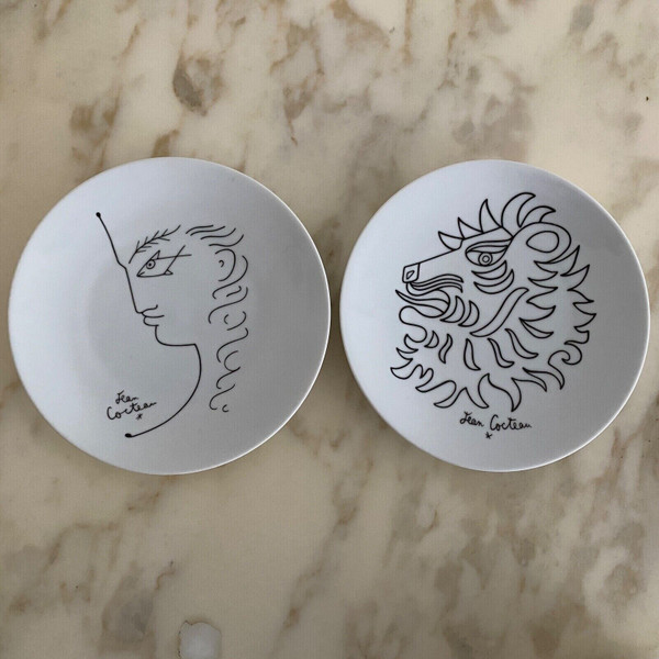 Suite of 6 plates with drawings by Jean Cocteau 20th century porcelain d'art
