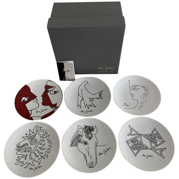 Suite of 6 plates with drawings by Jean Cocteau 20th century porcelain d'art