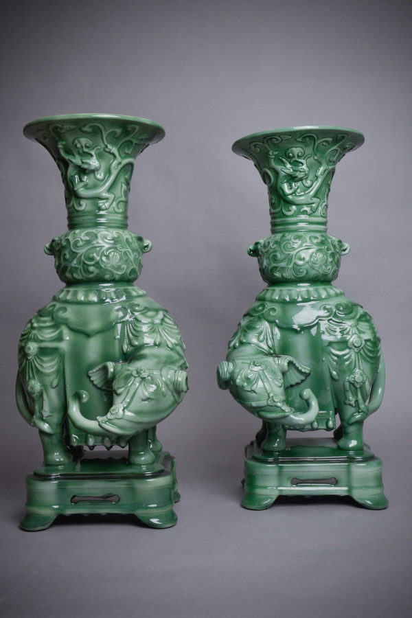 Théodore Deck, Pair of Elephants vases