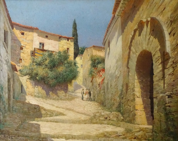 Un coin du Vieux Hyères - Grande huile sur toile - Cadre ancien