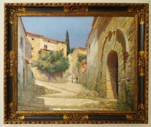 Un coin du Vieux Hyères - Grande huile sur toile - Cadre ancien