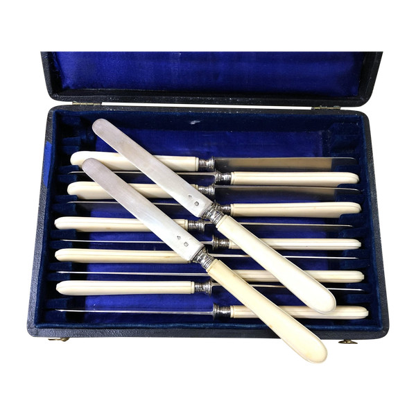 set of 12 solid silver MINERVE fruit knives with ivory handles 19th century