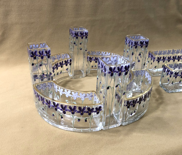 LEGRAS modular table center ART NOUVEAU in enamelled crystal Bouquetière Pique Fleurs Vases