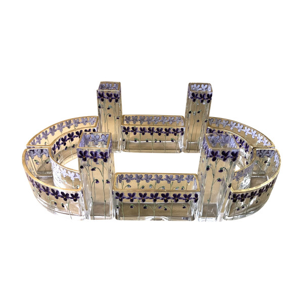 LEGRAS modular table center ART NOUVEAU in enamelled crystal Bouquetière Pique Fleurs Vases