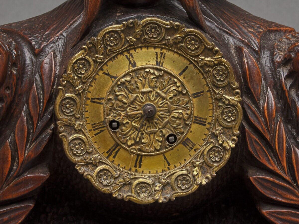 Richly ornamented carved wooden clock 19th century Chinese sage