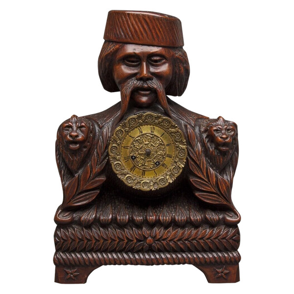 Richly ornamented carved wooden clock 19th century Chinese sage