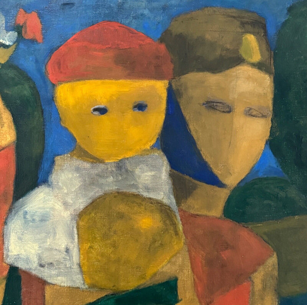 Oil on canvas by Jean Billecocq modern composition with characters