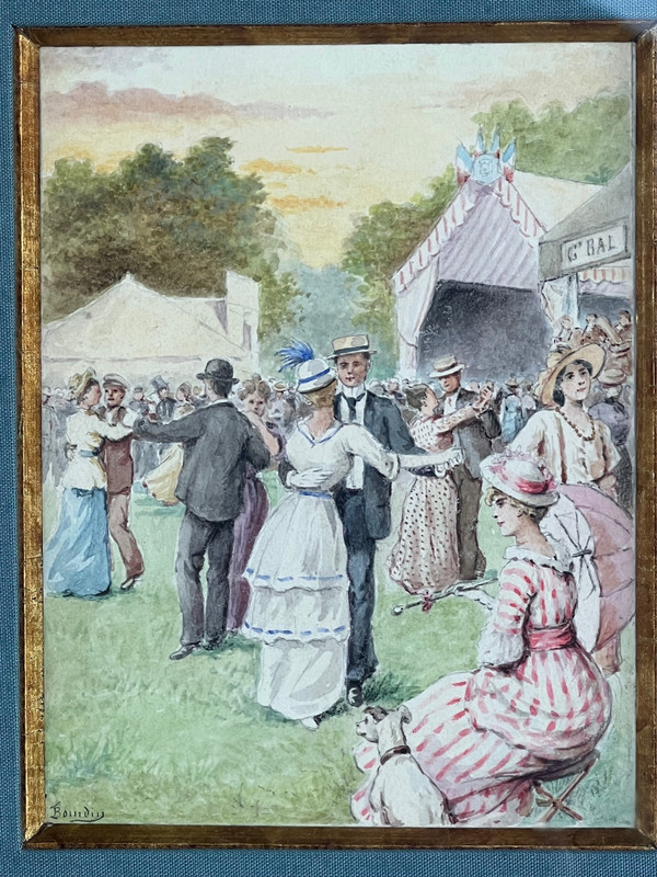 Gemälde der französischen Schule des 19. Jahrhunderts, signiert, elegantes Ball-Genre-Szene-Aquarell 