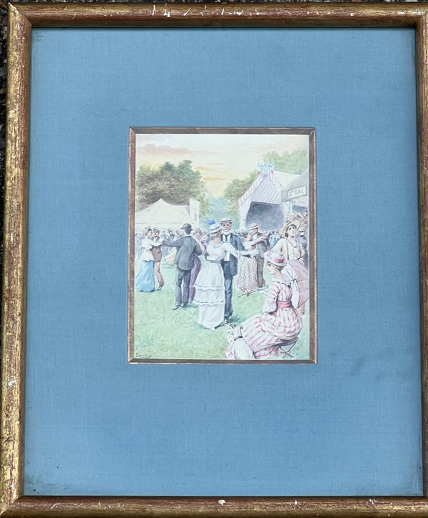 Gemälde der französischen Schule des 19. Jahrhunderts, signiert, elegantes Ball-Genre-Szene-Aquarell 