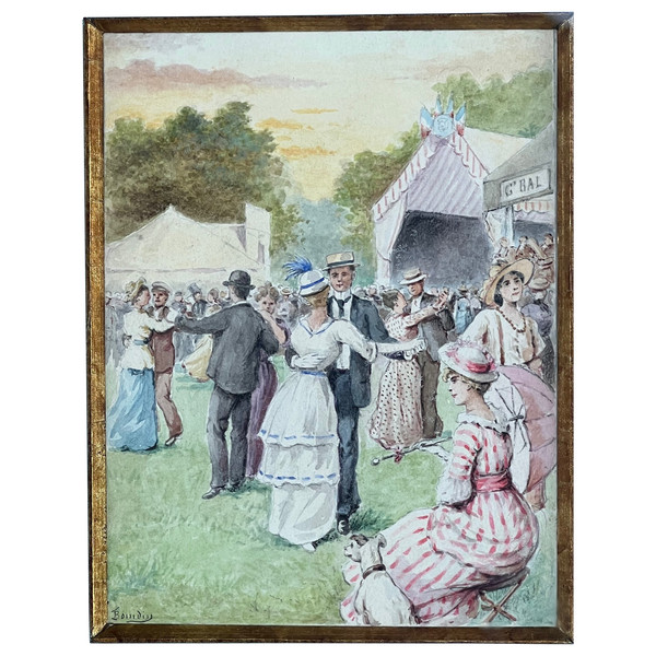 Gemälde der französischen Schule des 19. Jahrhunderts, signiert, elegantes Ball-Genre-Szene-Aquarell 
