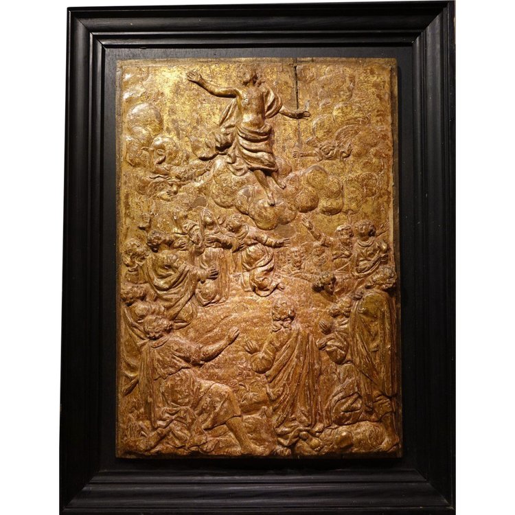 Die Himmelfahrt Christi, Flachrelief aus goldenem Holz, 17. Jh. Flandern?
