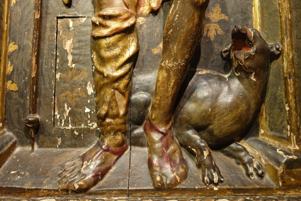 Half-relief in gilded and polychromed wood, representing Saint Roch. Spain, 16th century.