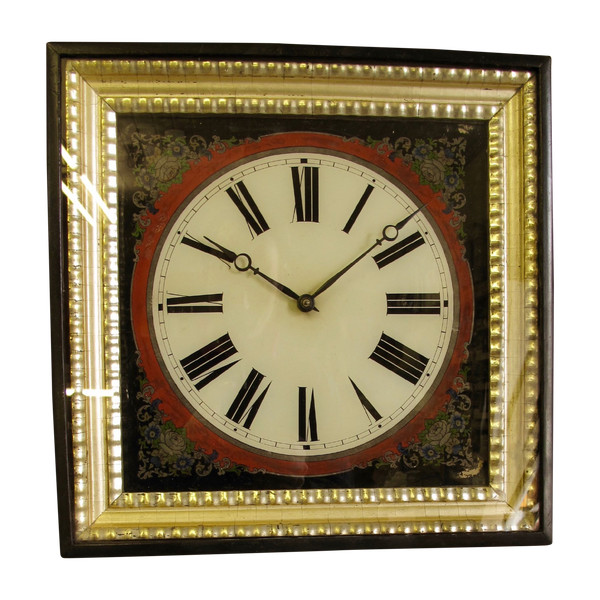 A highly decorative original reverse painted glass (Verre Eglomise) dial wall clock from the