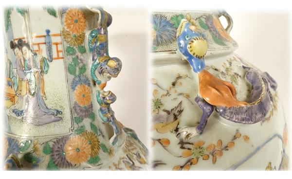 Paire grands vases porcelaine Chine famille verte scène palais dragons XIXè