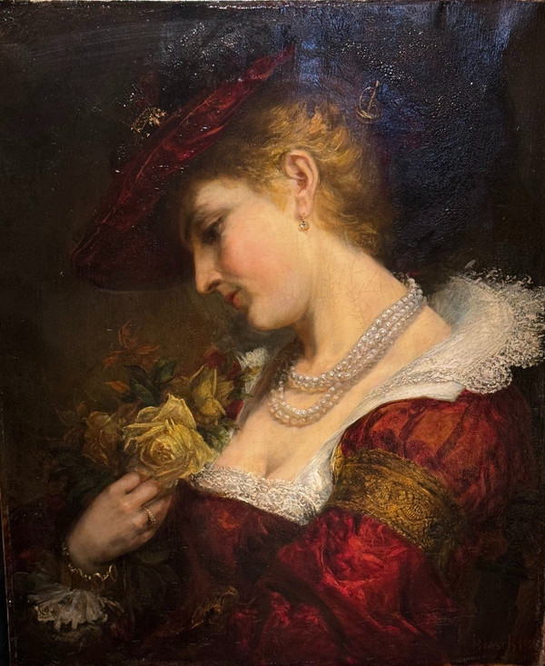 Portrait d'une jeune femme tenant un bouquet de roses. A.BRASCH 1901