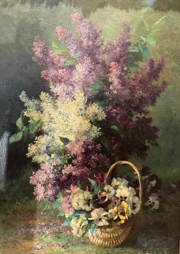 Olio su tela "bouquetde Lilas", Furcy de Lavault" 1847-1915