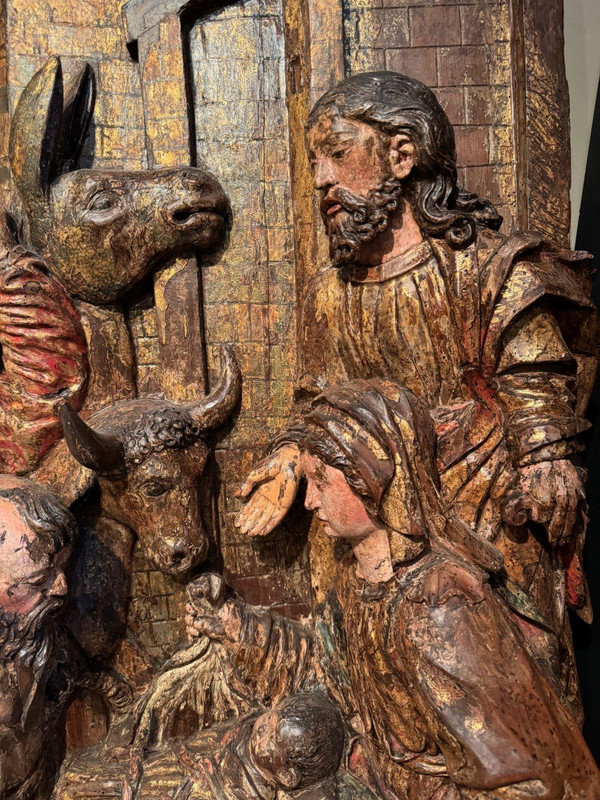Large high relief in gilded and polychromed wood, the Adoration of the Shepherds, circa 1500