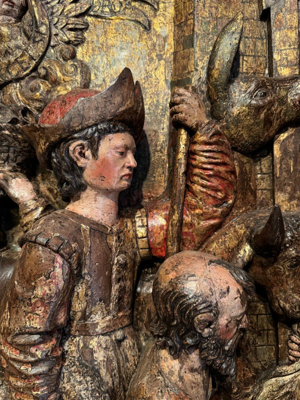 Large high relief in gilded and polychromed wood, the Adoration of the Shepherds, circa 1500