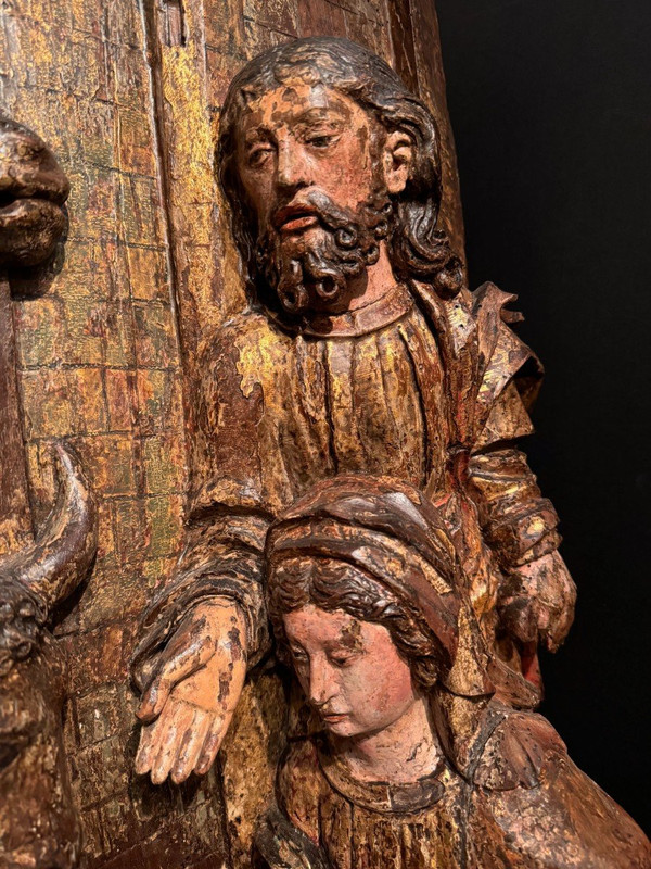 Large high relief in gilded and polychromed wood, the Adoration of the Shepherds, circa 1500
