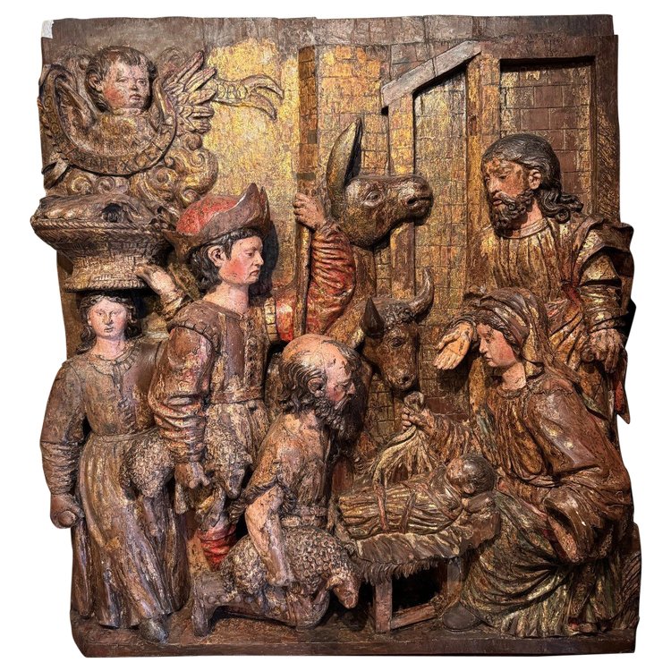 Large high relief in gilded and polychromed wood, the Adoration of the Shepherds, circa 1500