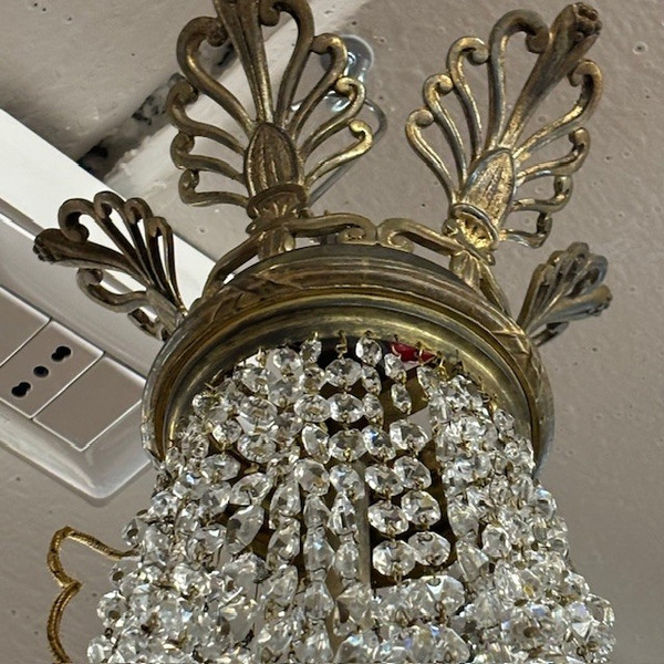 Antiker großer Heißluftballon-Kronleuchter aus dem späten 19. Jahrhundert aus Bronze und Kristallen, 4 Lichter. H 90 
