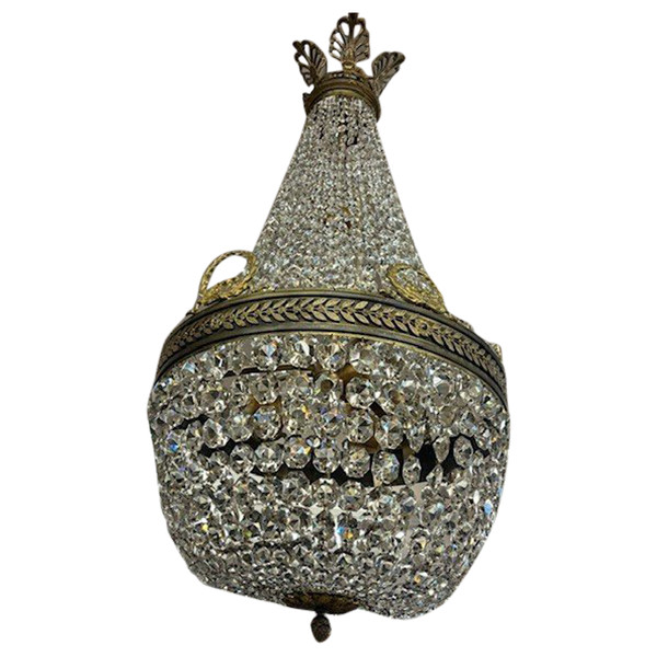 Antiker großer Heißluftballon-Kronleuchter aus dem späten 19. Jahrhundert aus Bronze und Kristallen, 4 Lichter. H 90 