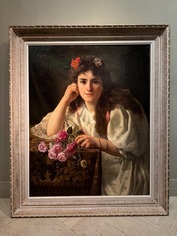 Ritratto di giovane ragazza con mazzo di rose, V.HUGON, 1896