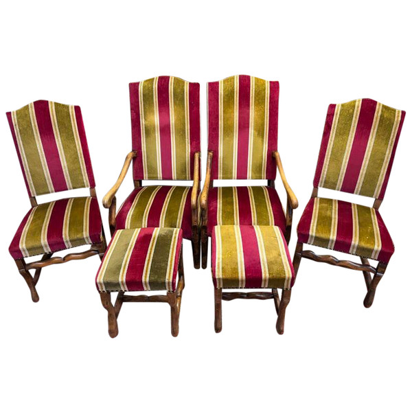 Pair of armchairs, pair of Louis XIII chairs and poufs