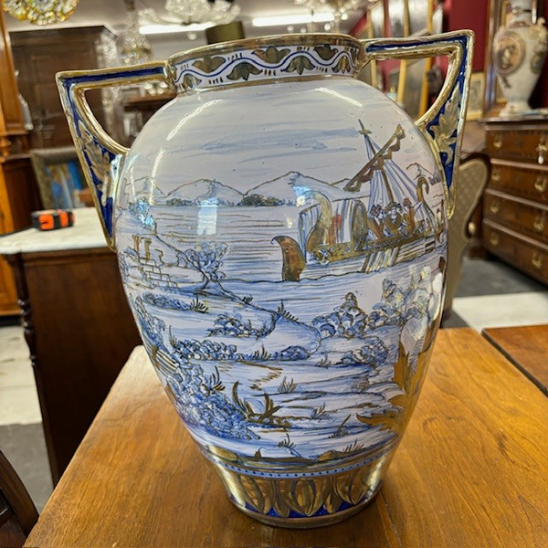 Vase antique en majolique lustre Gualdo Tadino art déco 1940 manufacture Mastro Giorgio H 38 L 32 
