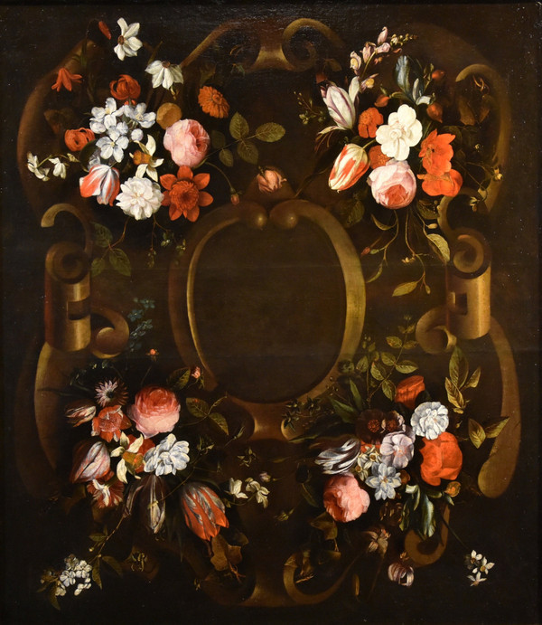 Blumengirlande mit Kartusche, Frans Van Everbroeck (Antwerpen, 1628 - London 1693)